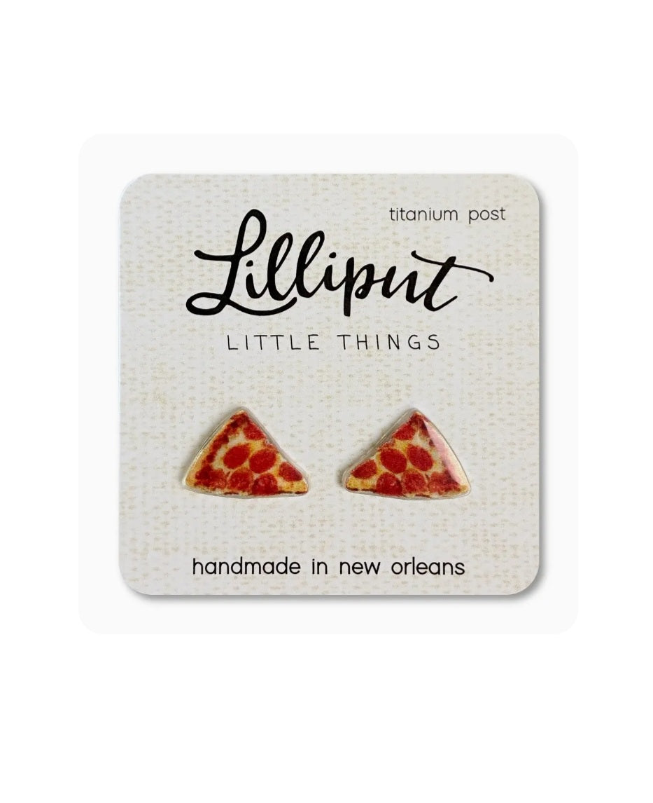 Pizza slice stud earrings with red and yellow triangular slices, titanium post