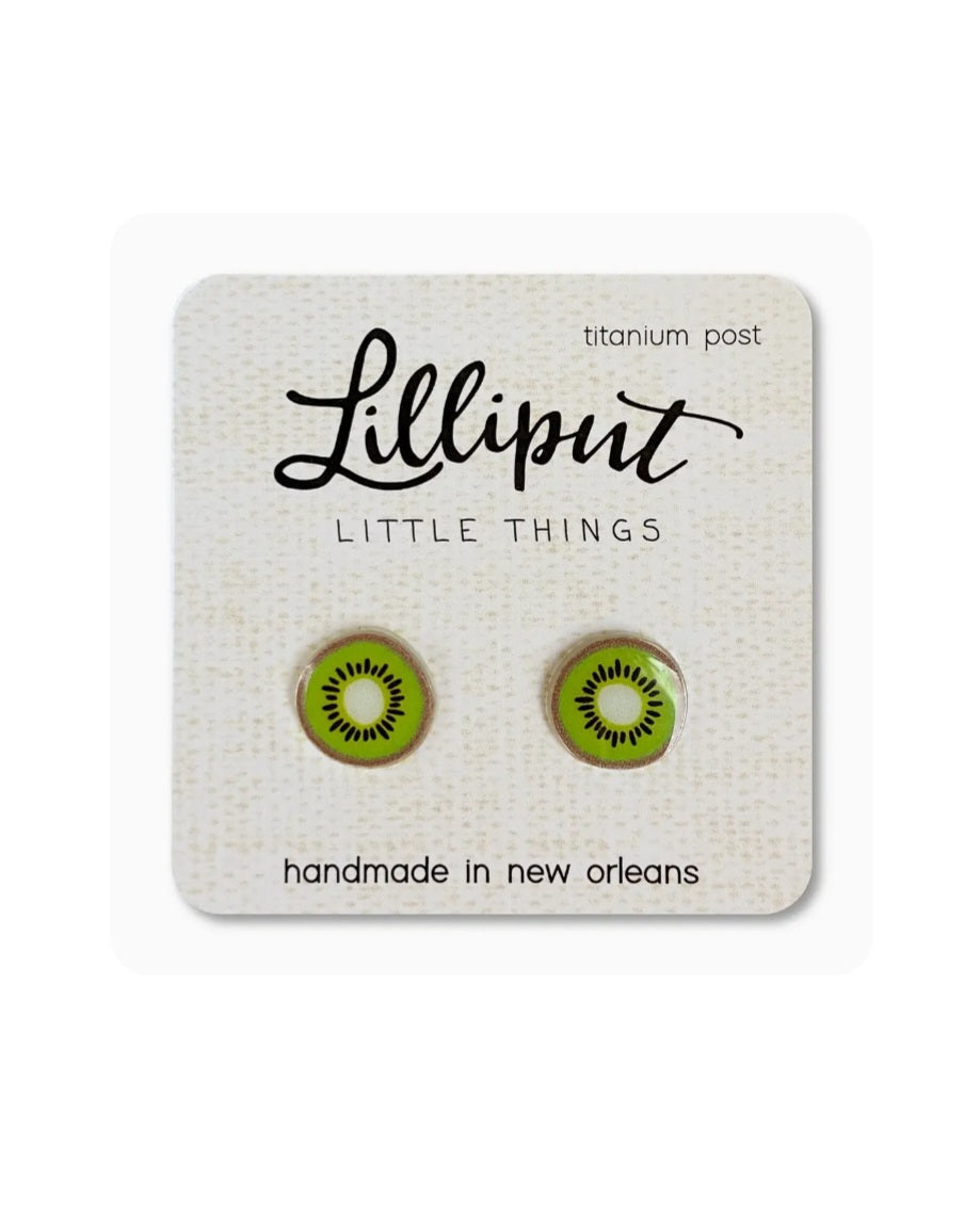 Kiwi slice stud earrings with round green and yellow fruit design, titanium posts