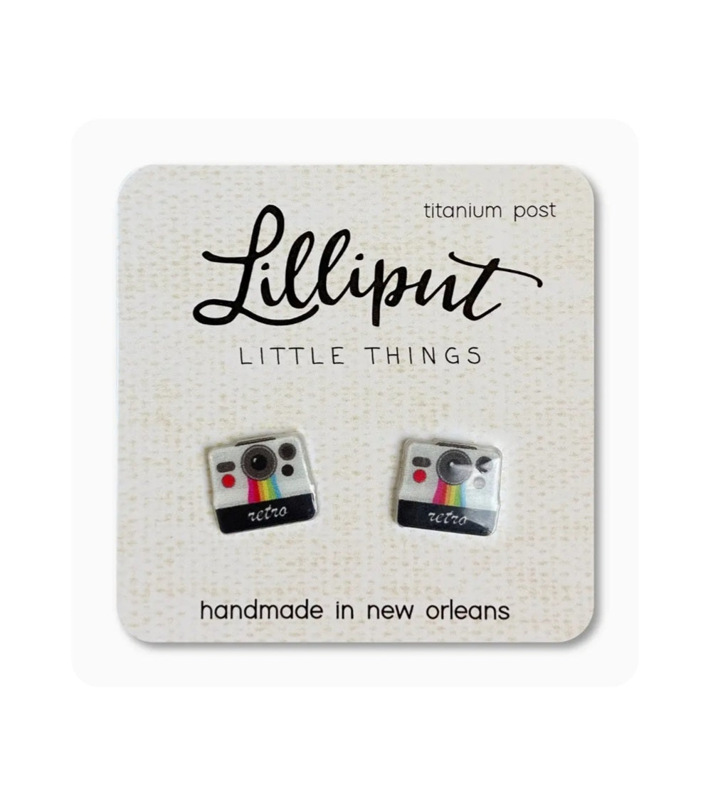 Lilliput retro camera stud earrings, titanium posts, white and black camera design