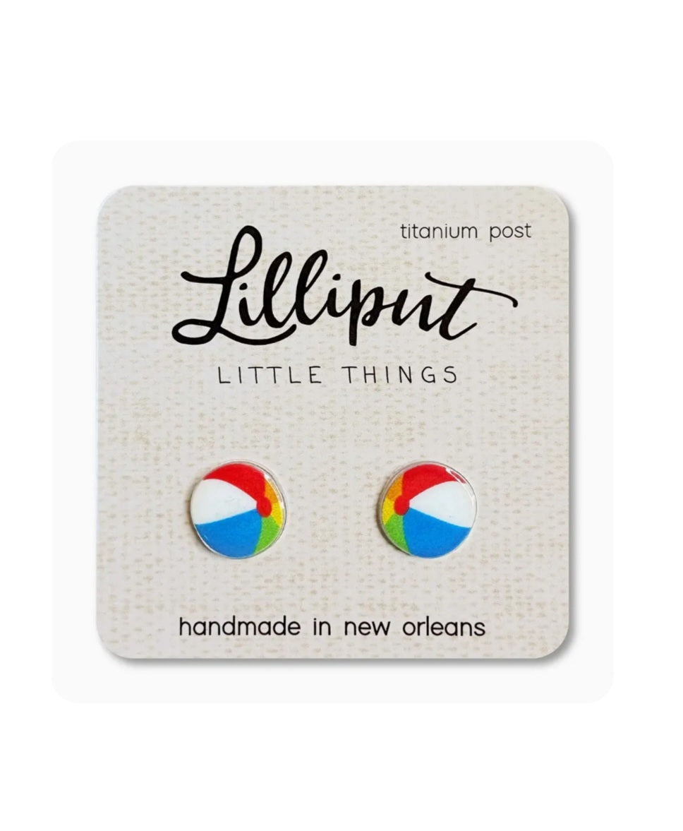 Round beach ball stud earrings with red, blue, and green panels; titanium posts