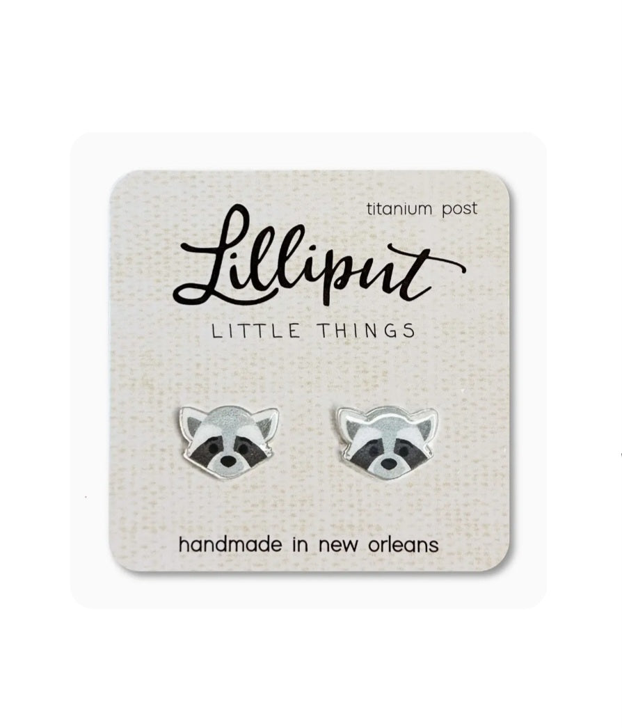 Raccoon face stud earrings with titanium posts, silver-tone with black markings