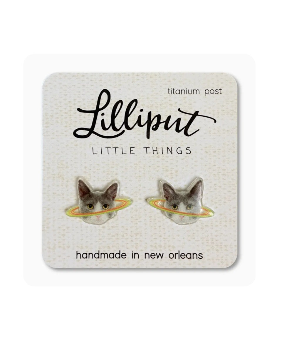 Cat-shaped stud earrings with titanium posts, illustrated cat on yellow base