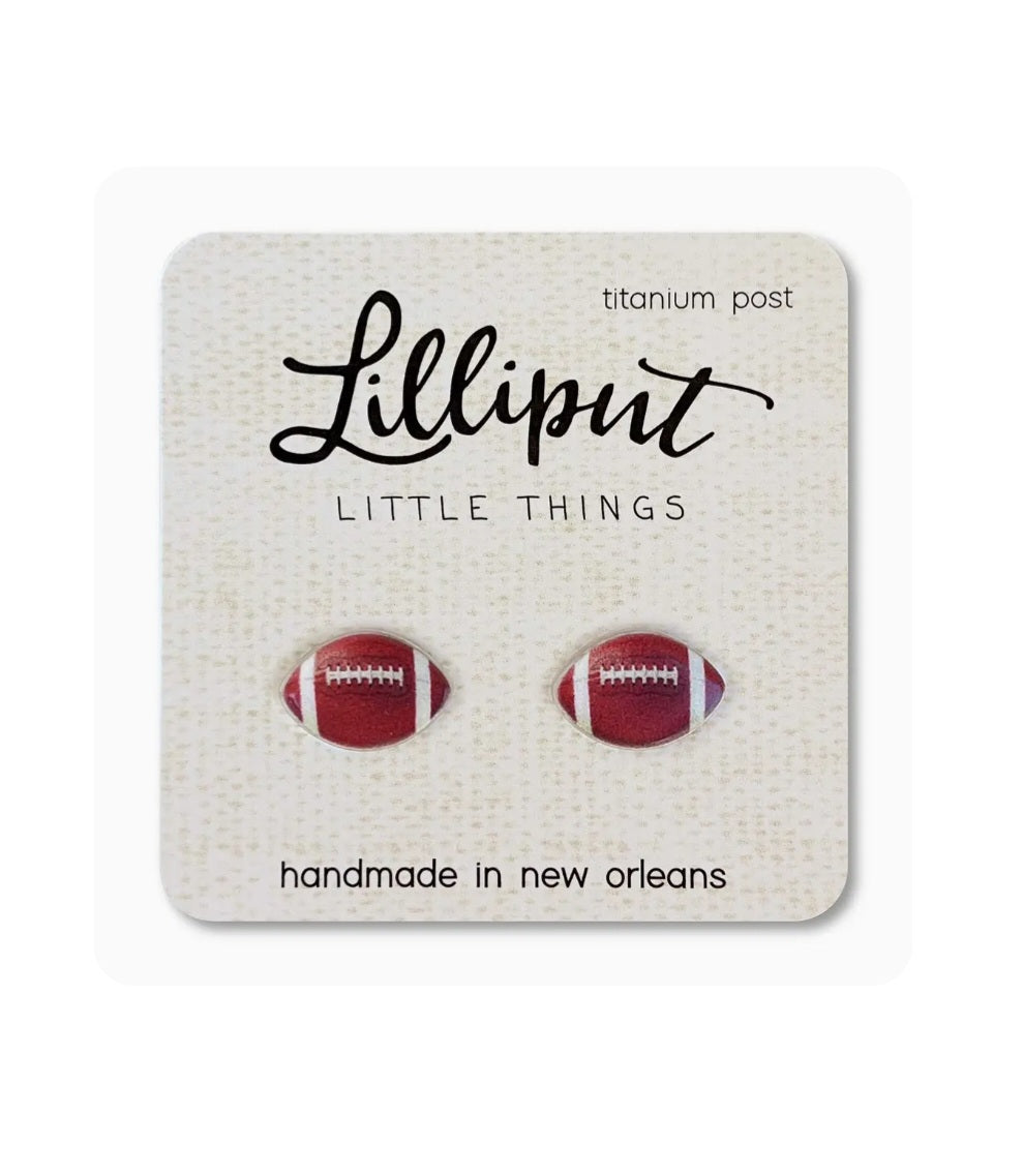 Red-and-white football stud earrings with titanium post