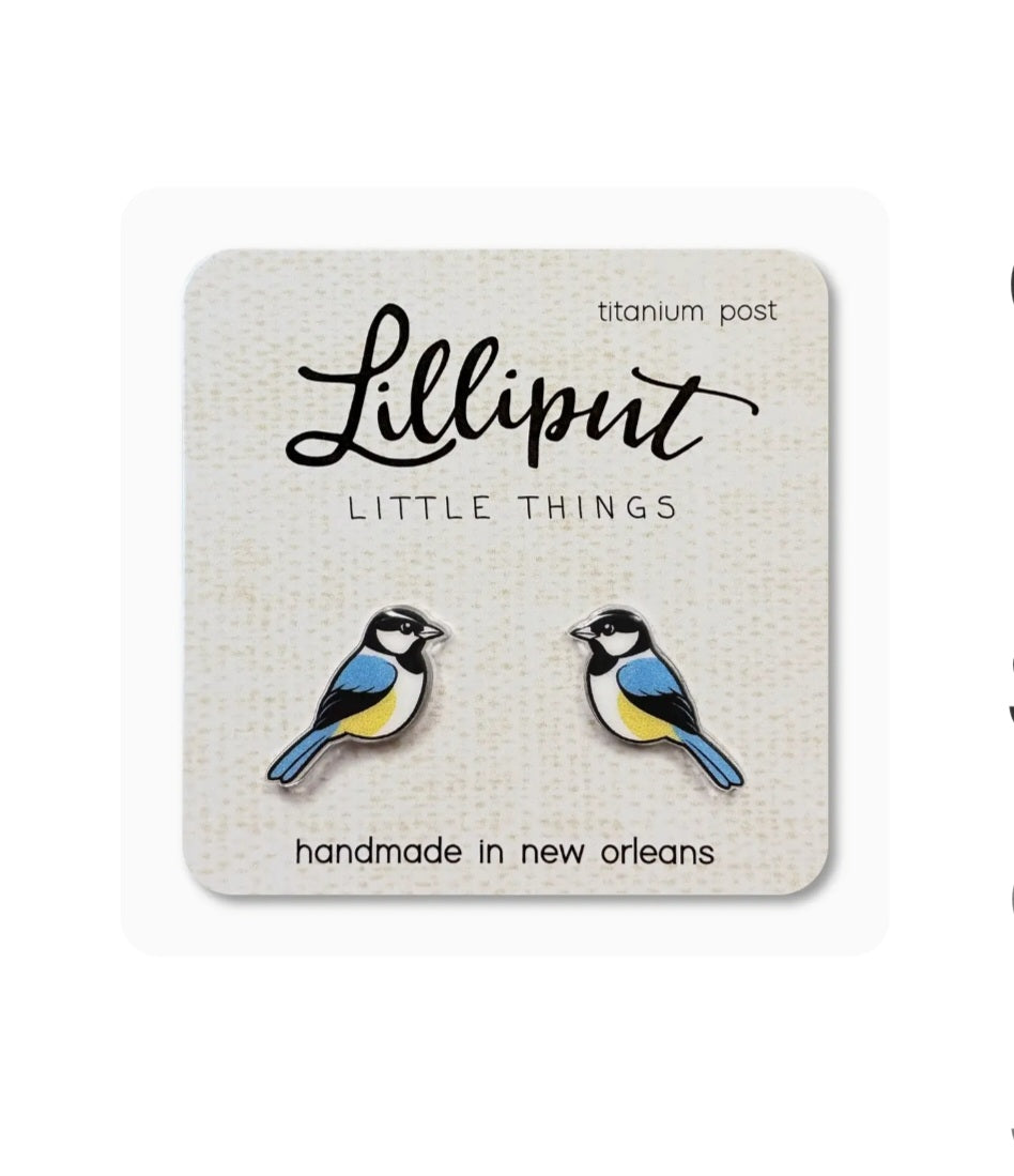 Lilliput chickadee stud earrings with titanium posts, blue and yellow bird design