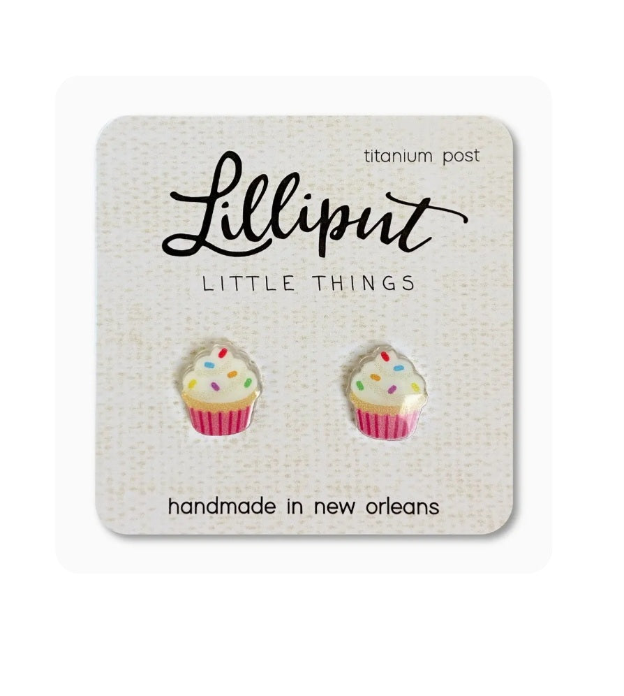 Cupcake stud earrings with colorful sprinkles and pink frosting, titanium posts