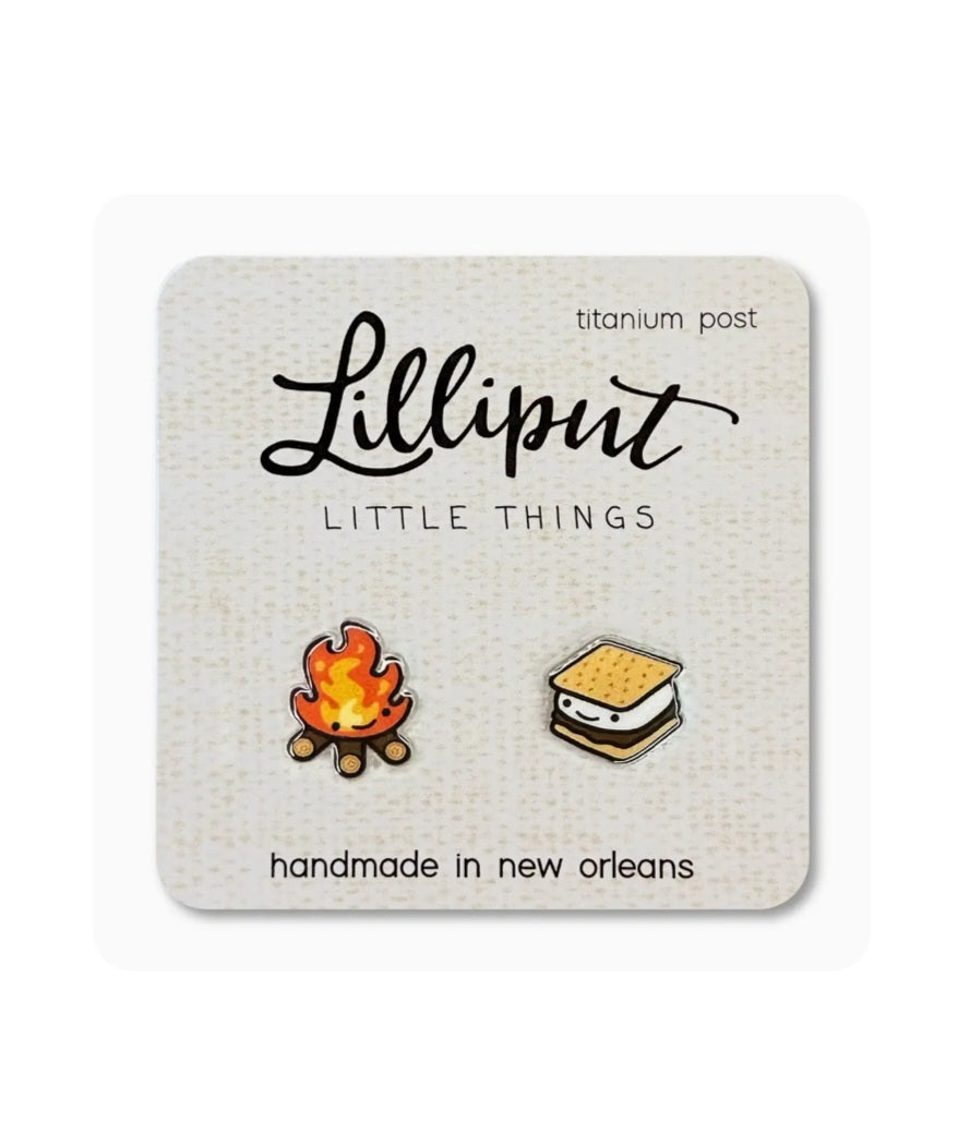 Campfire and s'mores stud earrings with titanium posts