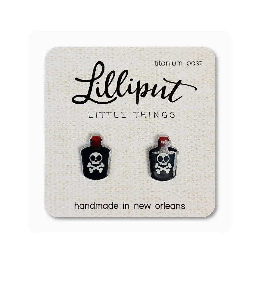 Skull bottle lilliput earrings, enamel black bottle with red caps and white skull studs