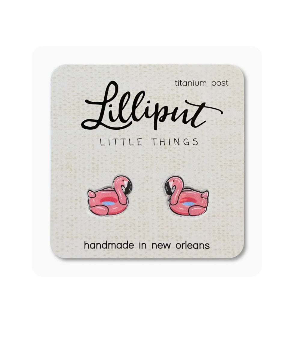 Lilliput flamingo floatie earrings, pink flamingo studs, titanium posts