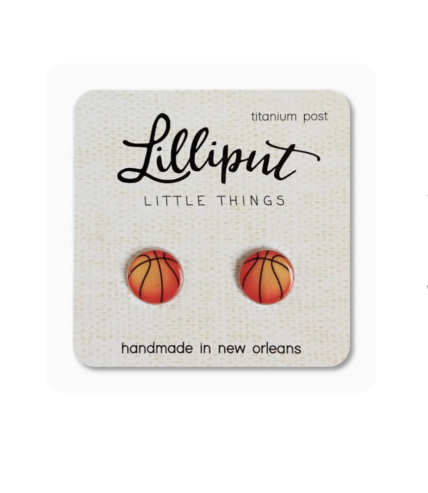 Basketball stud earrings with orange-red ball print, round design, titanium posts