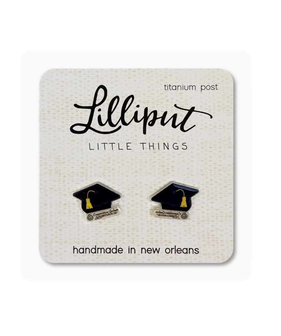 Graduation cap stud earrings with yellow tassel, black caps, titanium posts