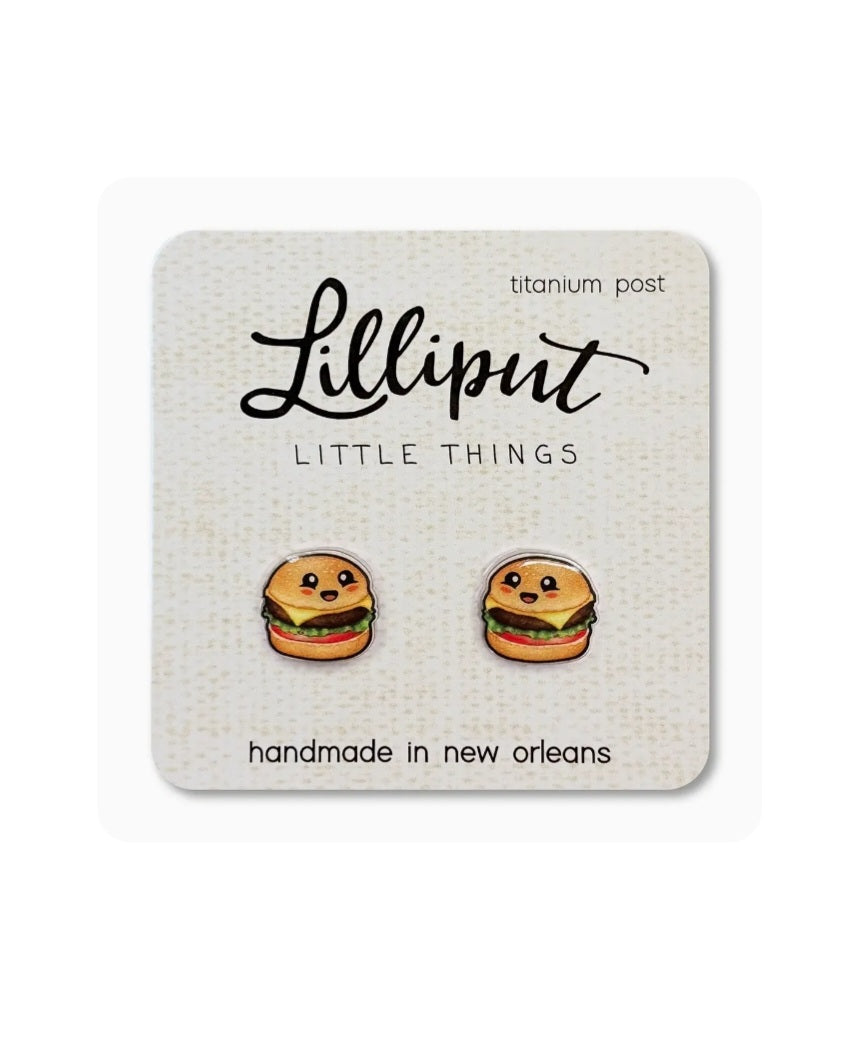 Lilliput hamburger stud earrings, orange-brown enamel, titanium posts