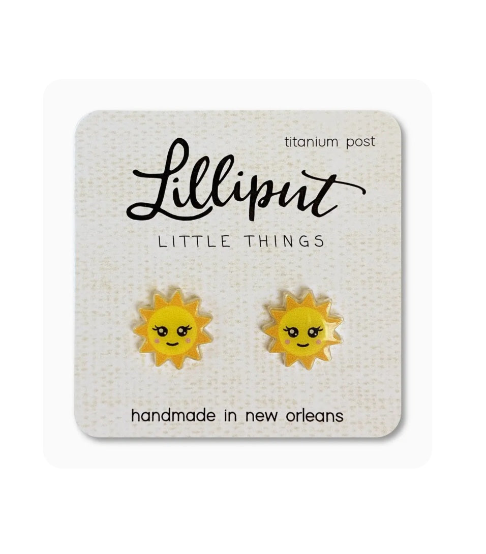 Sun stud earrings, small yellow smiling suns with titanium posts