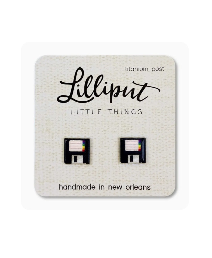 Lilliput retro floppy disc stud earrings with multicolor labels, titanium posts