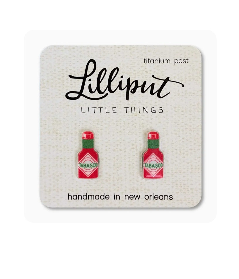 Tabasco sauce lilliput earrings with red mini bottle charms and titanium posts