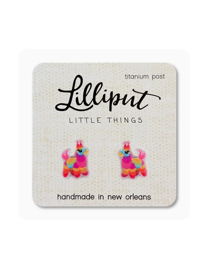 Colorful unicorn stud earrings with pink, blue, and yellow details; titanium post