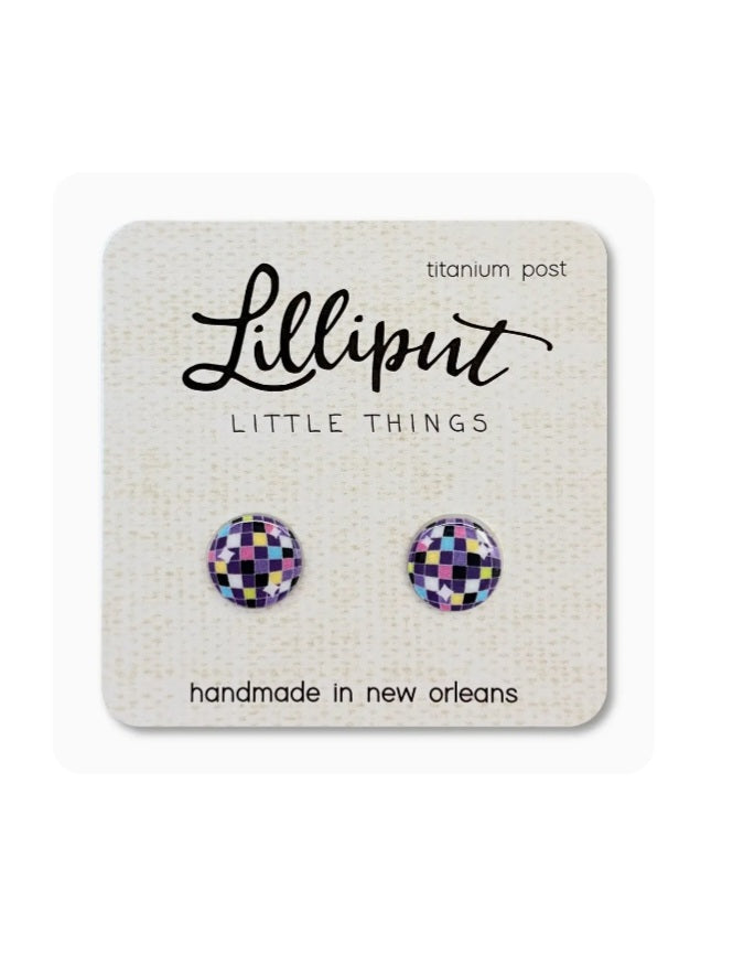 Lilliput disco ball earrings, round purple checkered studs with titanium posts