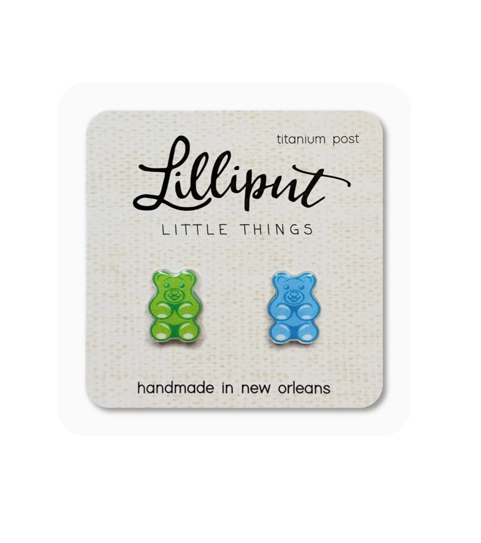 Lilliput gummy bear stud earrings with green and blue enamel, titanium post