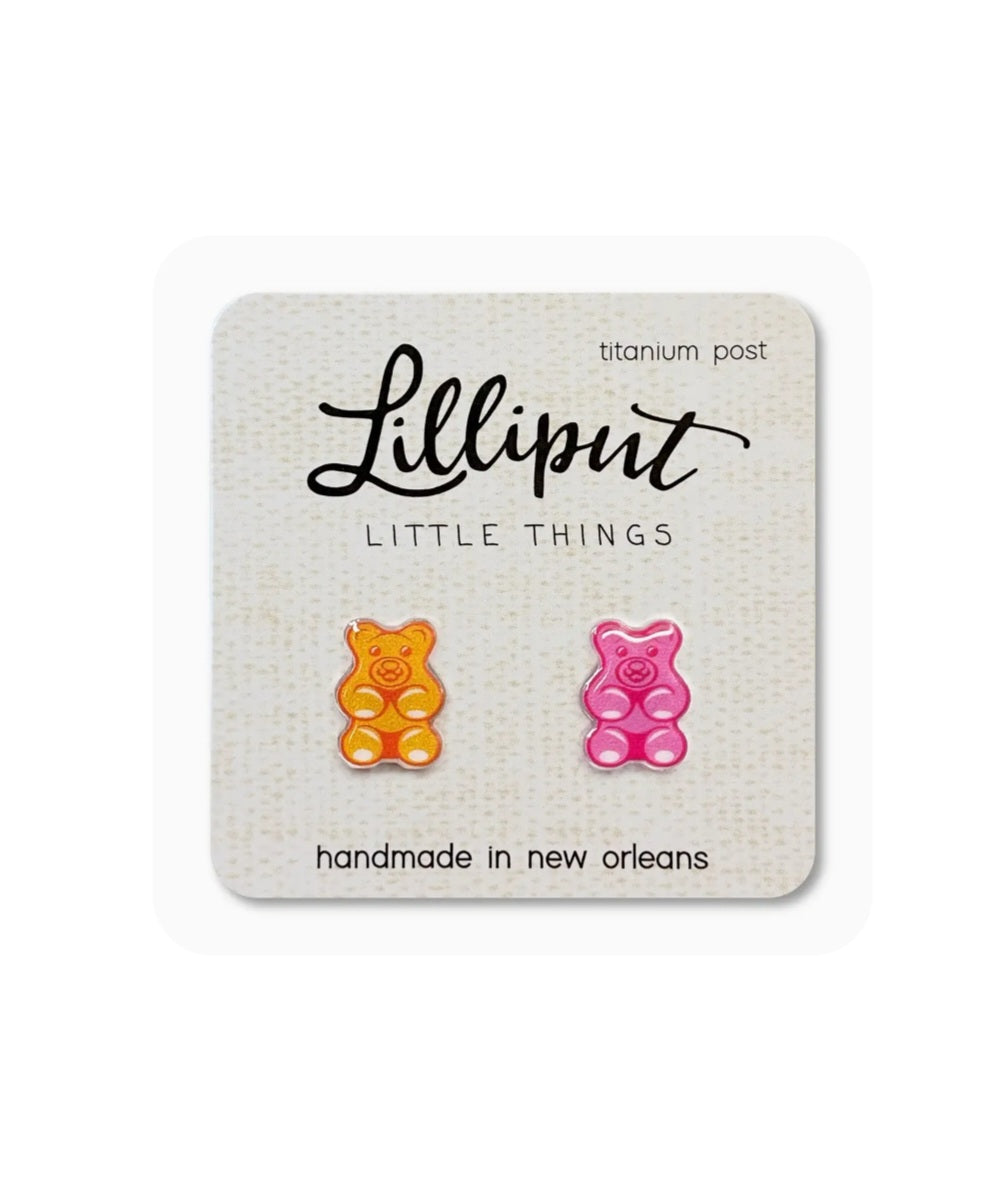 Gummy bear stud earrings, orange and pink enamel, titanium post backings