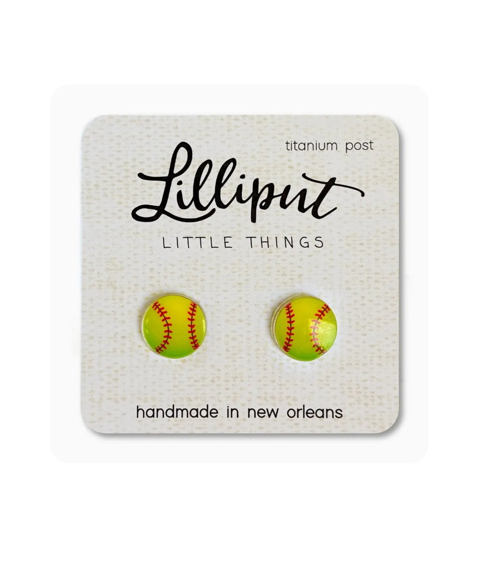 Baseball-pattern stud earrings, small round with red stitching on green, titanium posts