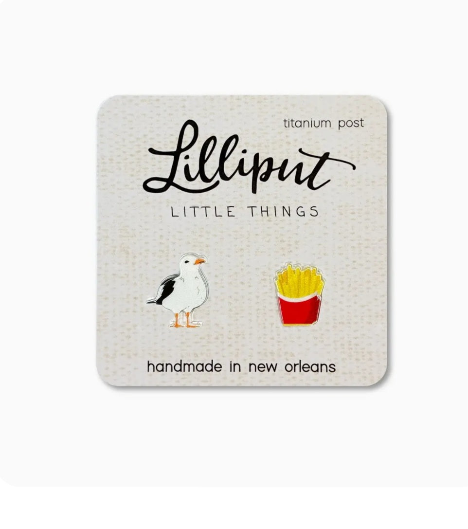 Seagull and French fries stud earrings on a card, titanium post backing