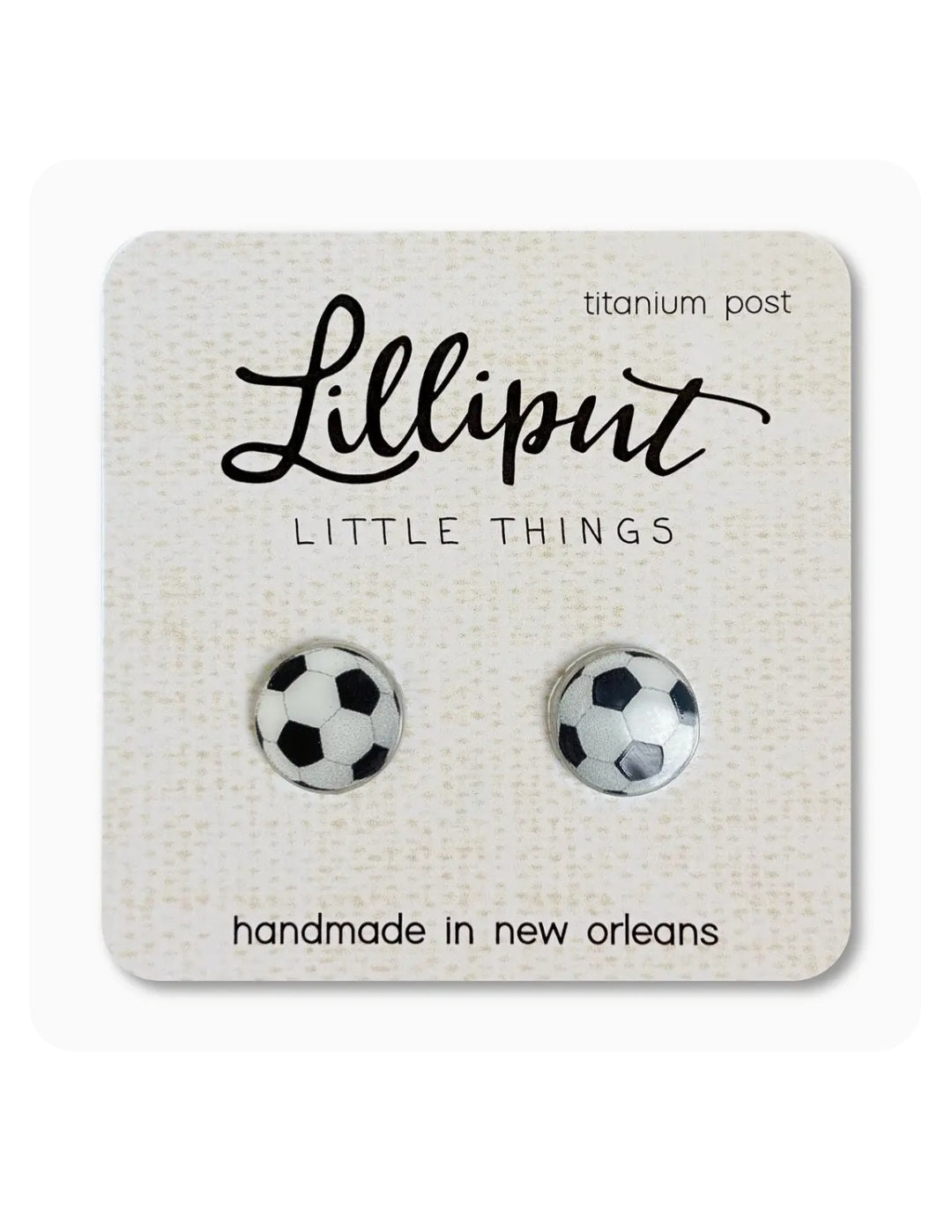 Soccer ball stud earrings with titanium post, black and white.