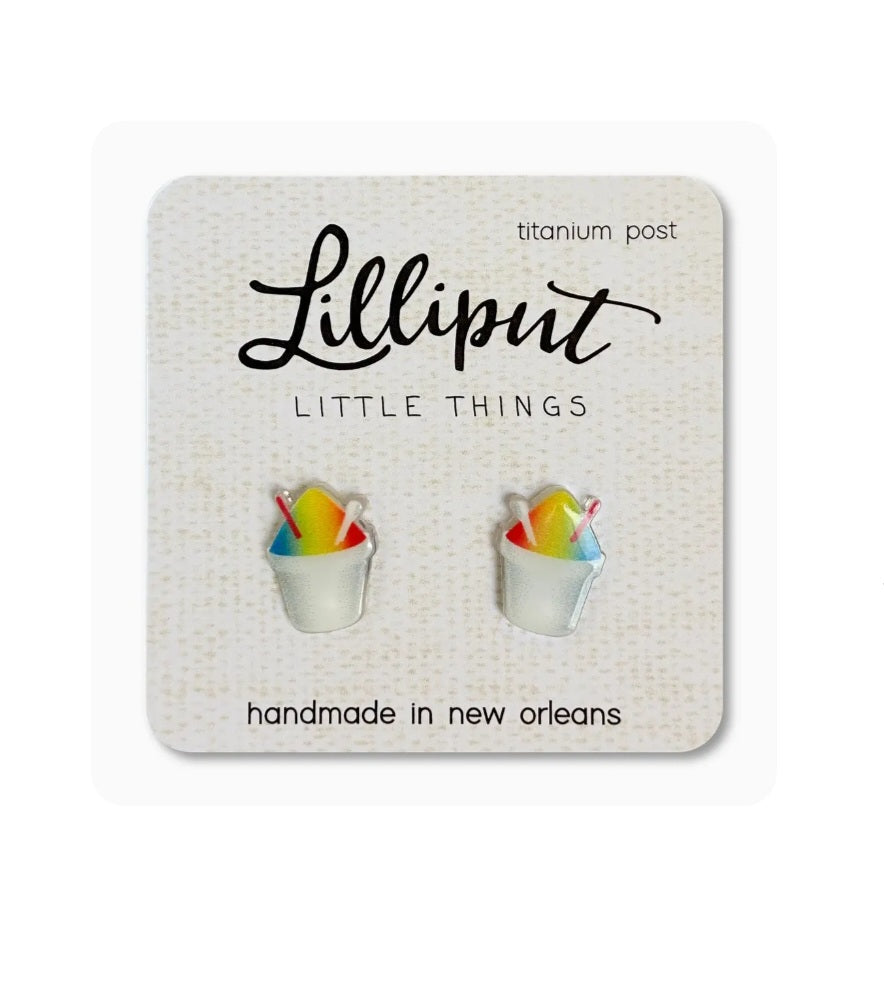 Lilliput rainbow snoball earrings with tiny rainbow scoop cups, titanium posts