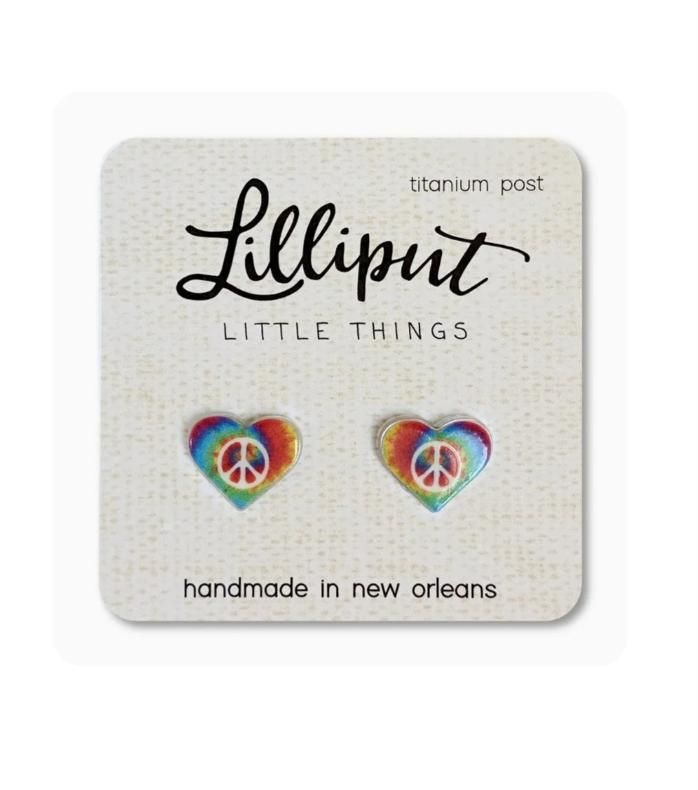 Multicolor peace heart stud earrings with titanium posts