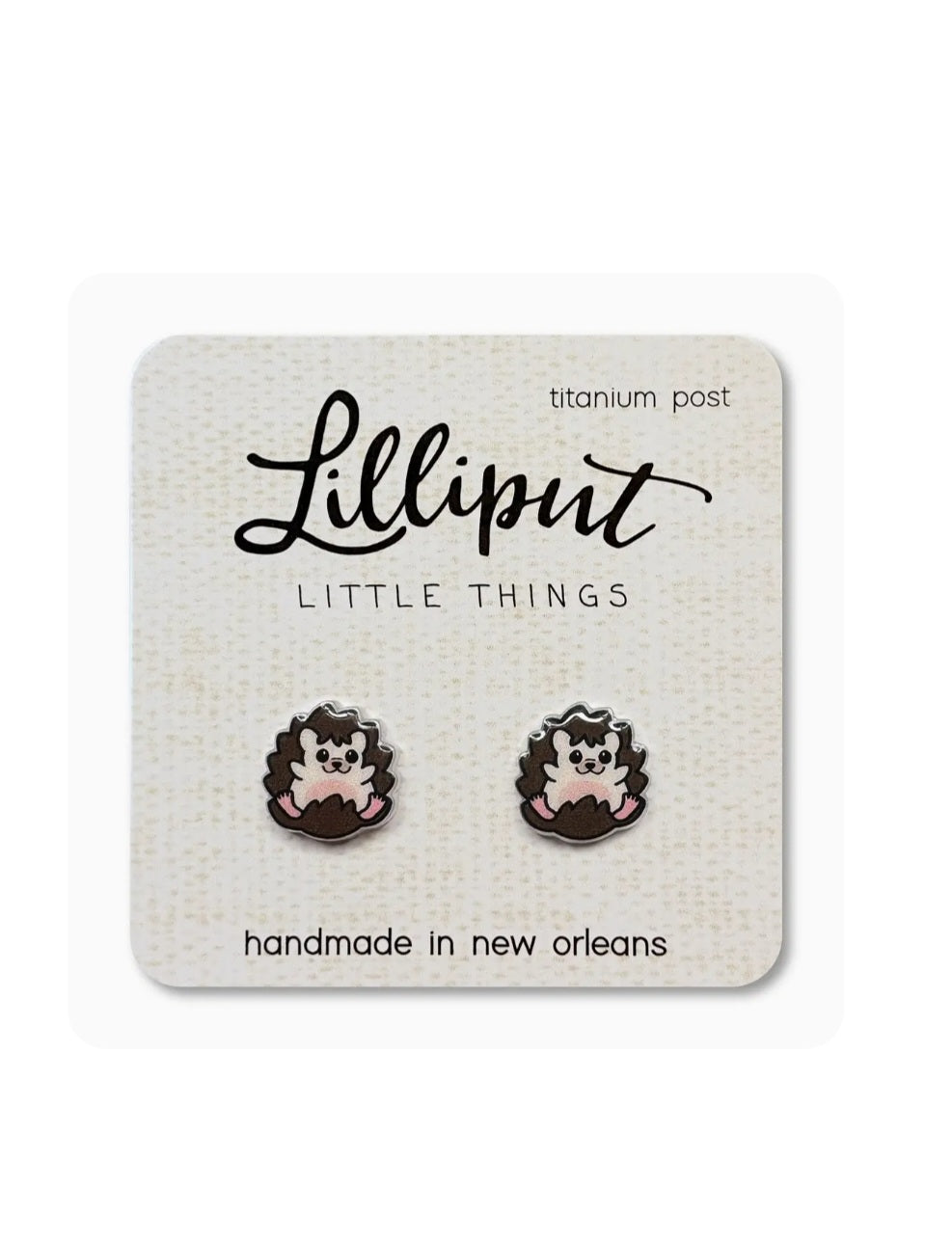 Hedgehog Lilliput stud earrings with pink accents, titanium post backs