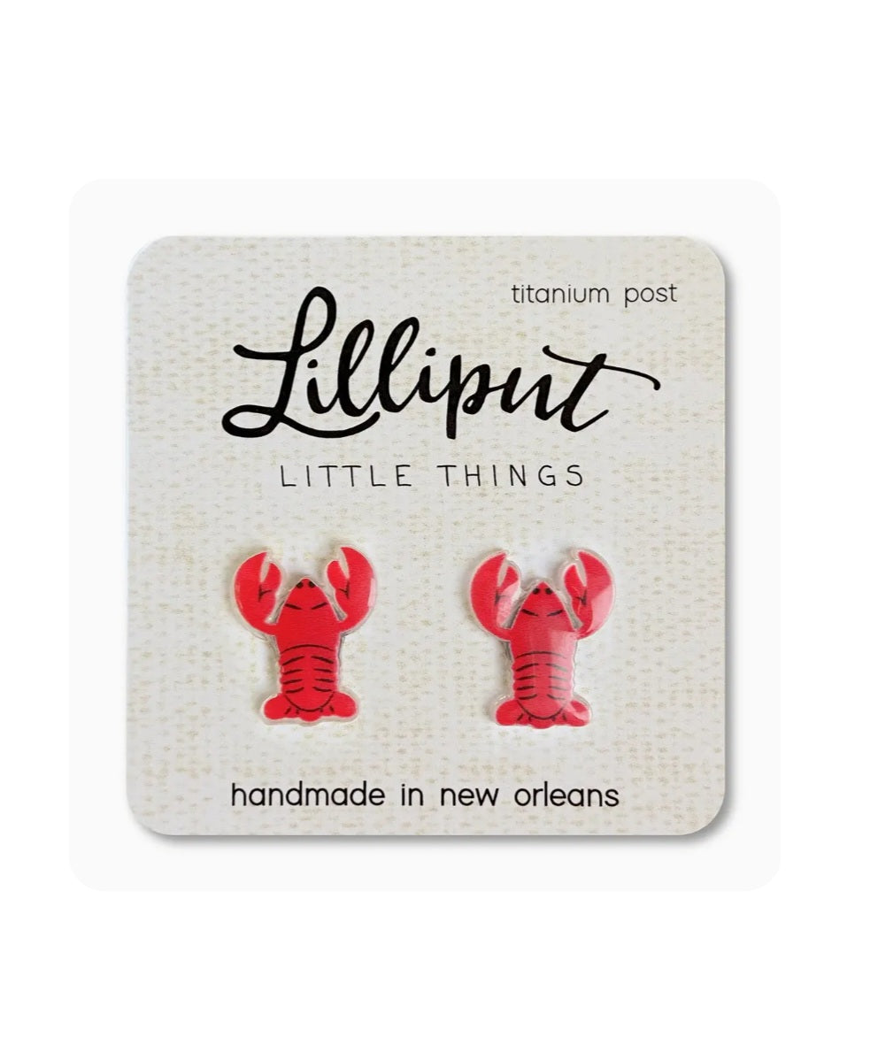 Crawfish Lilliput earrings with red crawfish studs and titanium posts