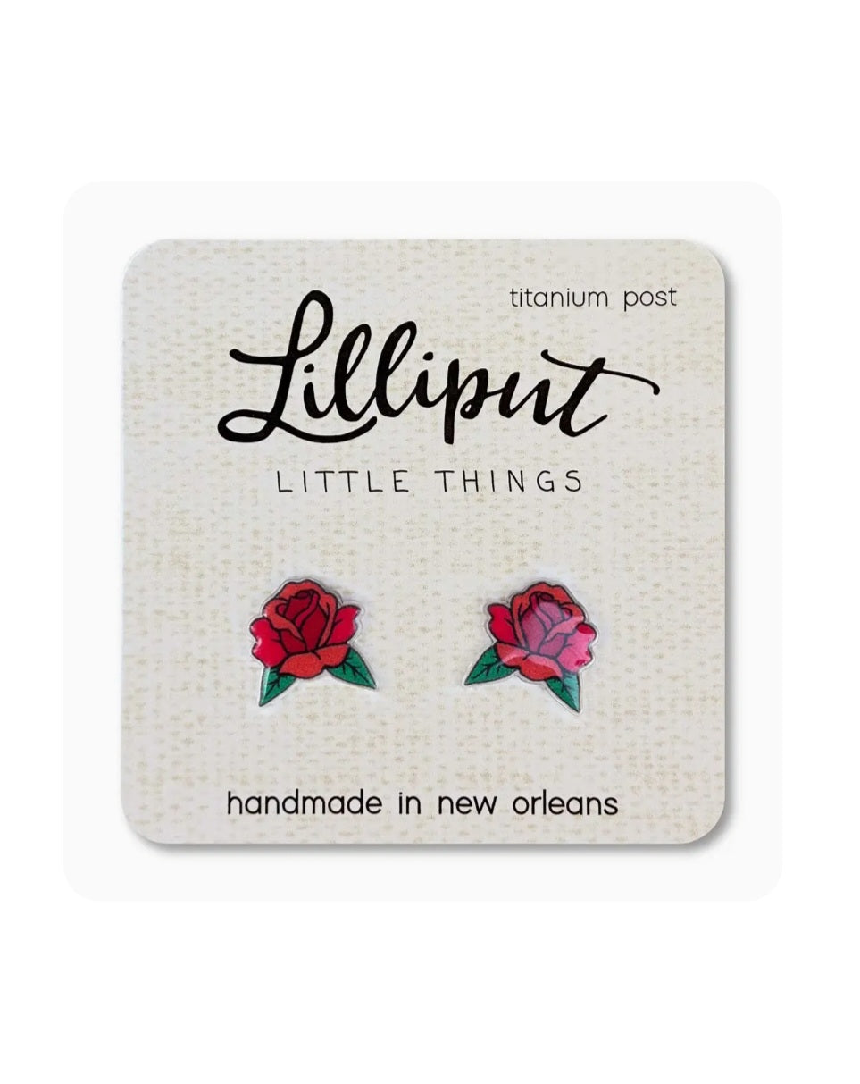 Red rose stud earrings with enamel look and titanium posts