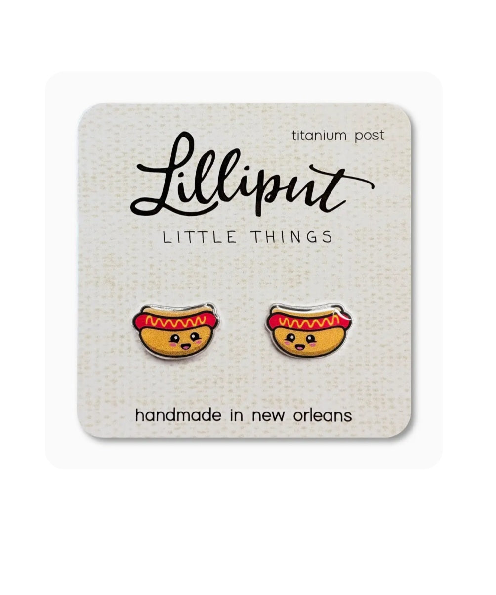 Hot dog stud earrings with yellow bun and red topping, Lilliput titanium posts