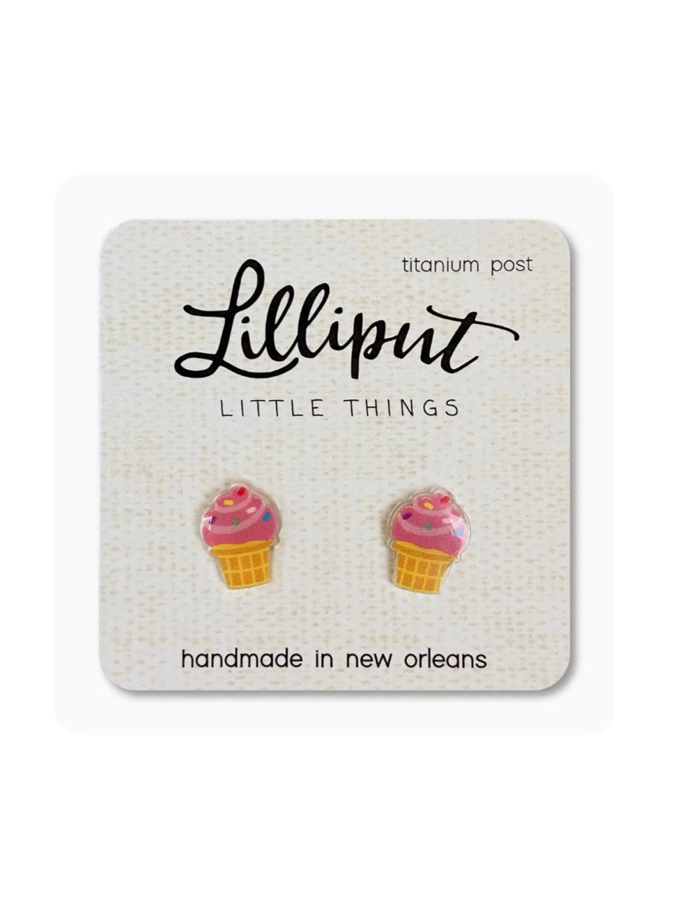 Lilliput ice cream cone stud earrings with pink, purple, and yellow details