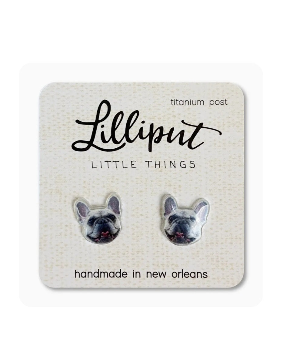 Frenchy Lilliput earrings, small dog face studs with titanium posts