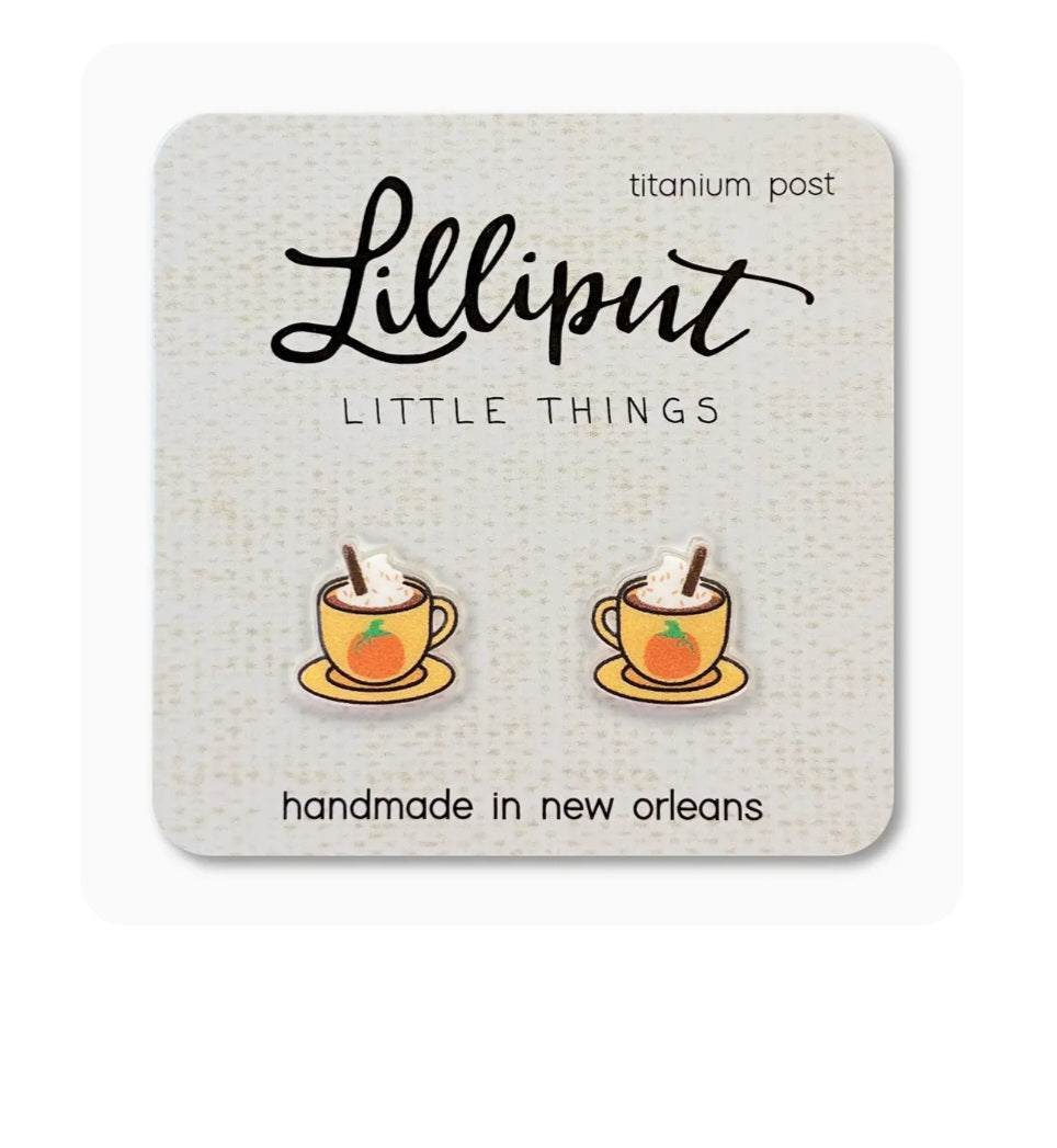 Lilliput pumpkin spice latte earrings with two small cup charms and titanium post