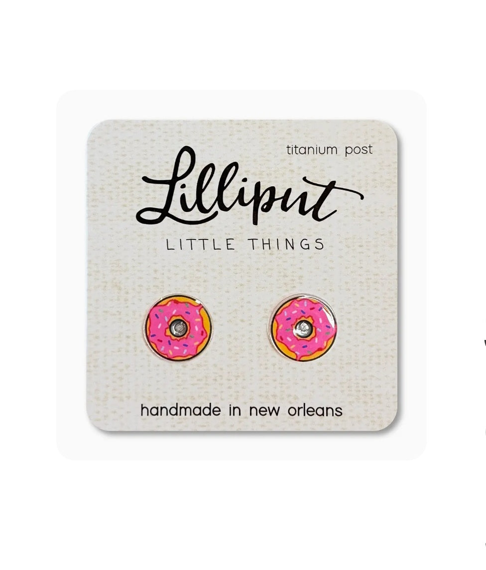 Pink frosted donut stud earrings with titanium posts, Lilliput Little Things