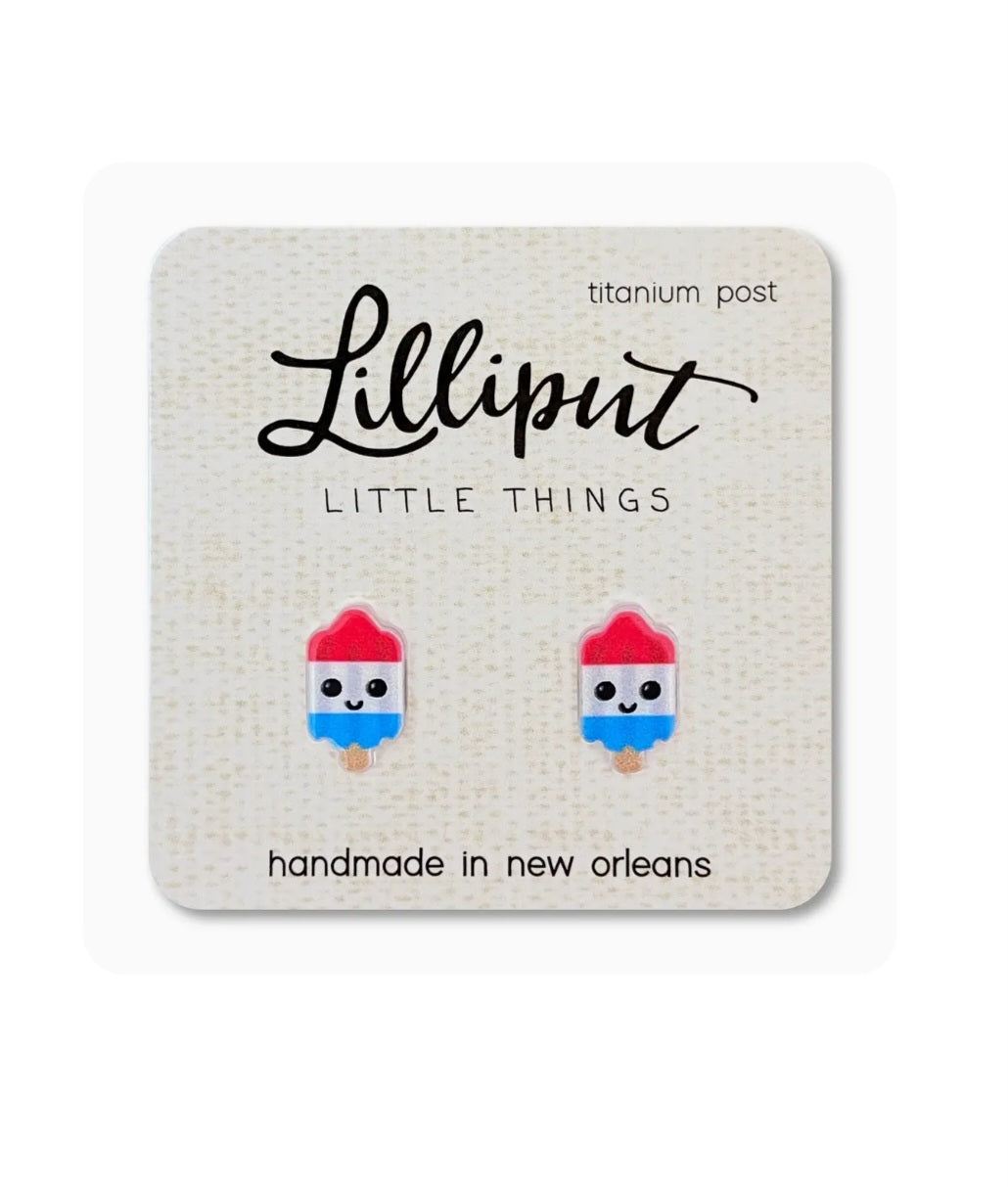 Lilliput rocket pop stud earrings with titanium posts, red and blue character design