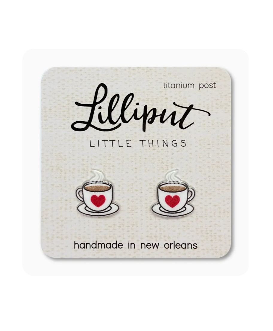 Coffee-themed heart cup stud earrings with titanium posts, Lilliput