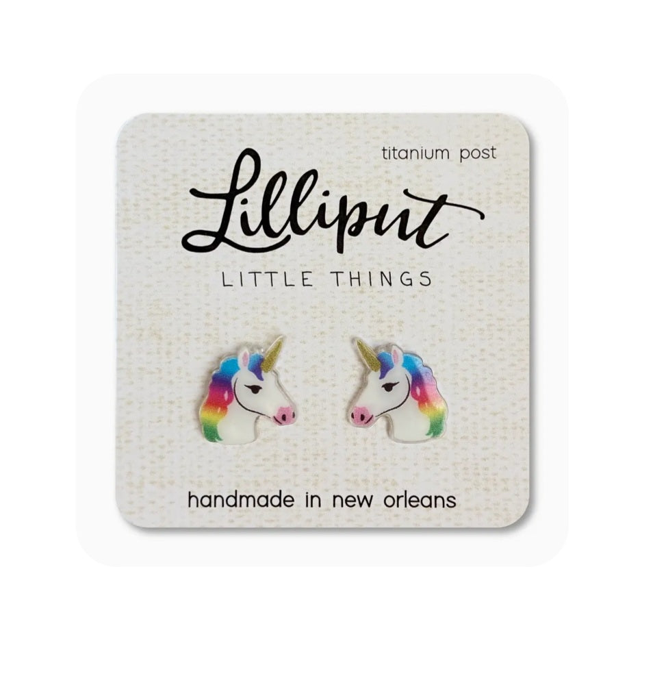 Unicorn Lilliput earrings with colorful rainbow unicorn heads and titanium posts