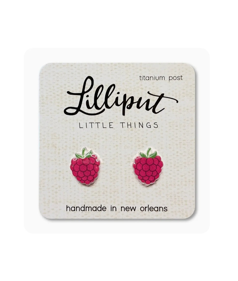 Raspberry stud earrings with red berry detail and green leaves, titanium posts