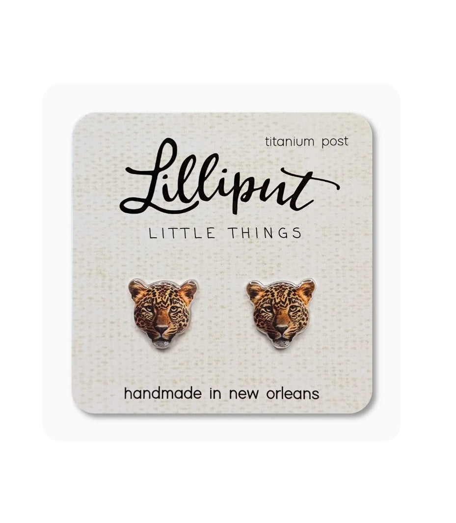 Jaguar head stud earrings with small brown-and-gold face details, rose-gold finish.