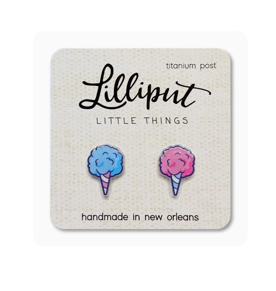 Lilliput cotton candy earrings, blue and pink ice cream cone studs on titanium posts