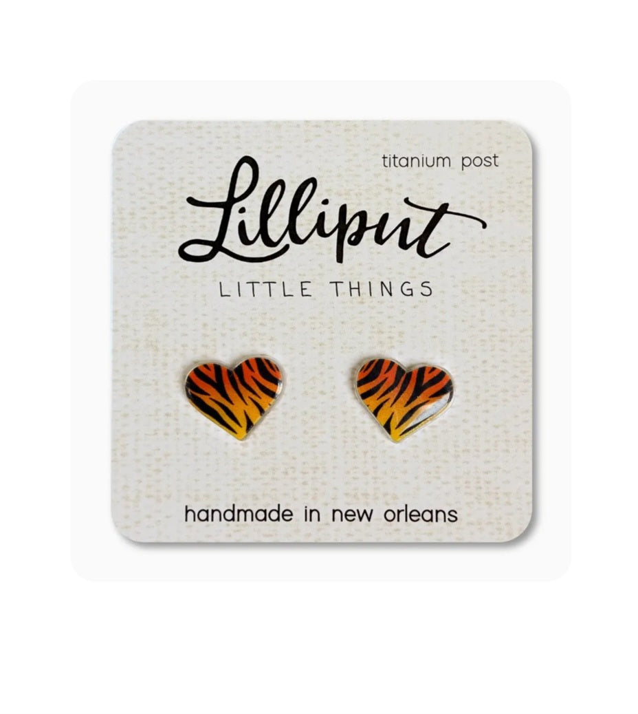 Heart stud earrings with tiger stripe pattern, orange and black, titanium posts