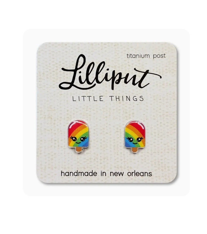 Rainbow popsicle face stud earrings with titanium post, small colorful enamel design