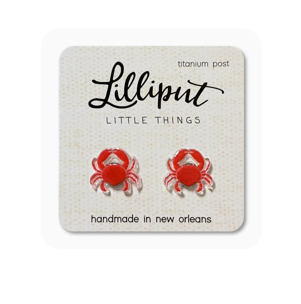 Red crab stud earrings with titanium posts