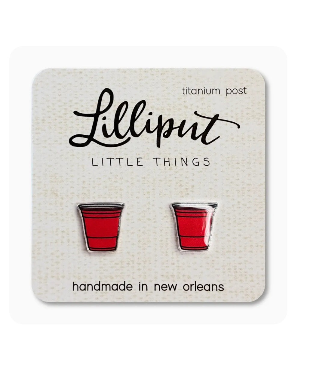 Lilliput red party cup stud earrings with black outline and metal posts