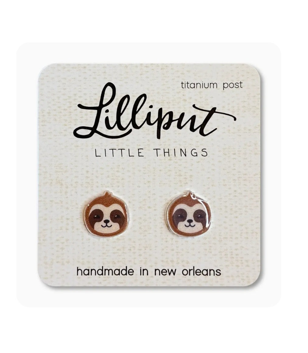 Sloth stud earrings with titanium posts, brown and cream enamel