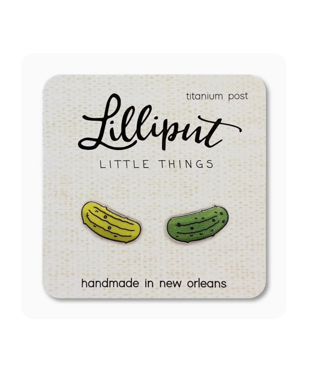 Lilliput pickle stud earrings with titanium posts, yellow and green pickle shapes