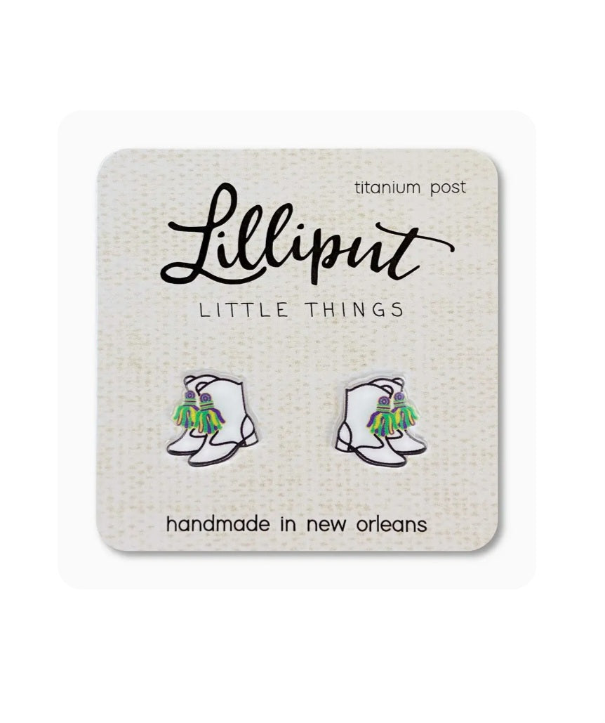 Lilliput marching band stud earrings with colorful shoe charm; titanium posts
