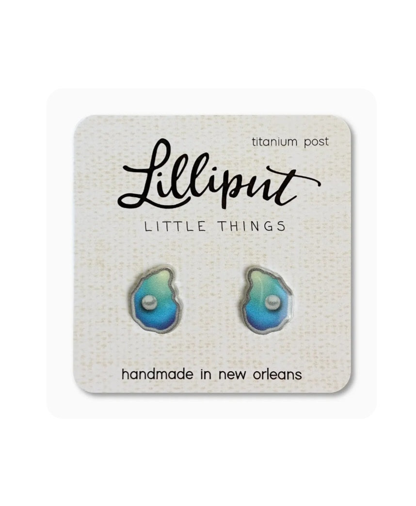 Lilliput oyster stud earrings with blue-green enamel and titanium posts