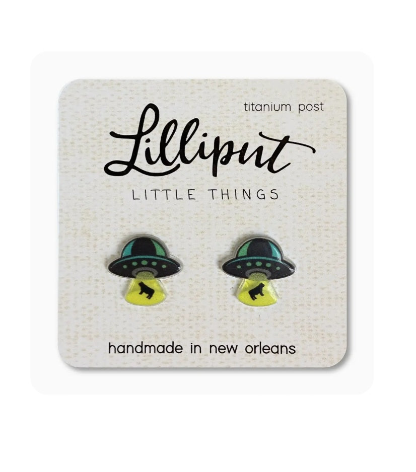 Colorful UFO and alien stud earrings with titanium posts